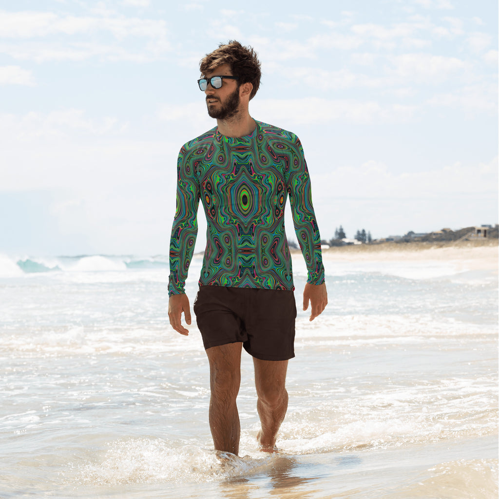 Men's Athletic Rash Guard Shirts, Trippy Retro Black and Lime Green Abstract Pattern