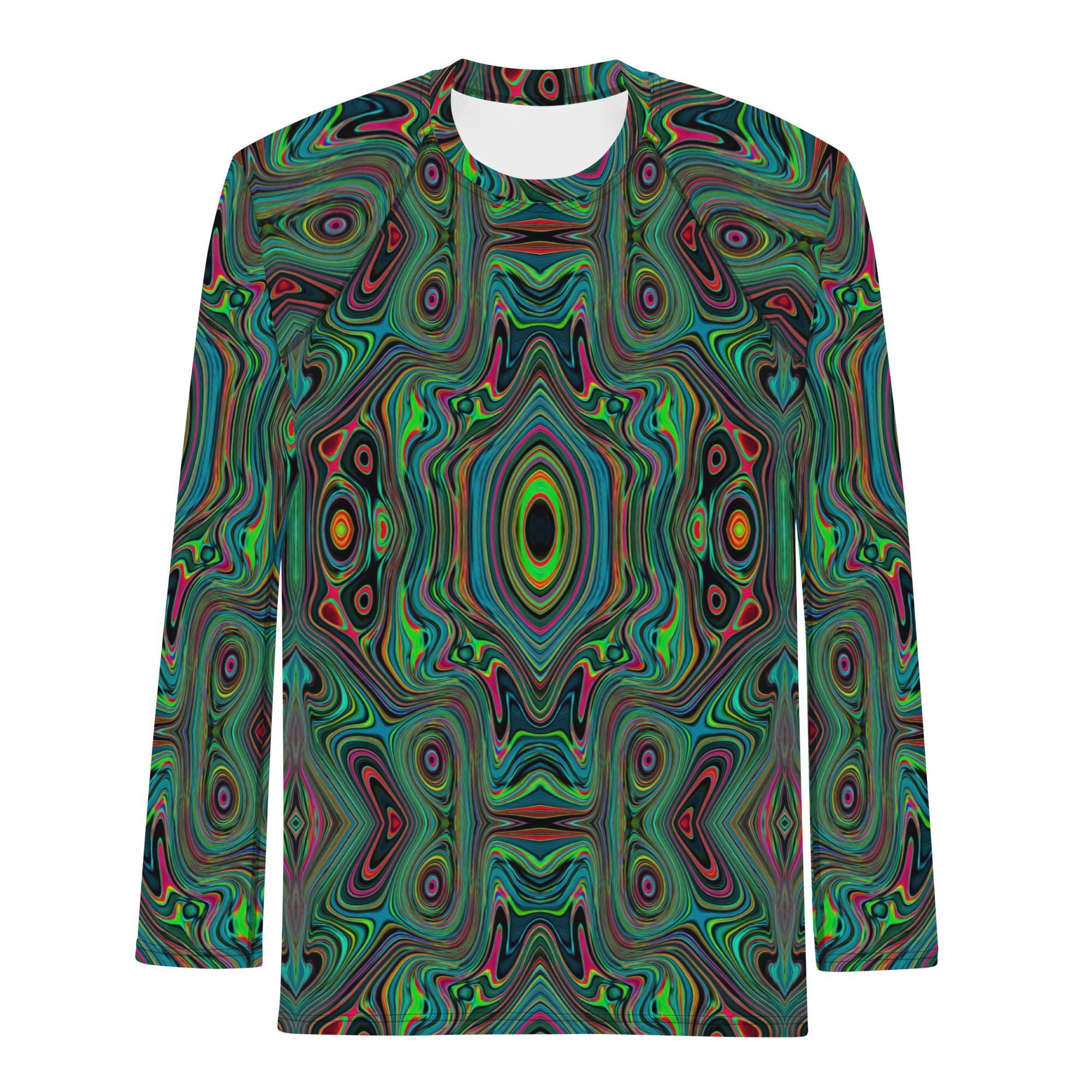 Men's Athletic Rash Guard Shirts, Trippy Retro Black and Lime Green Abstract Pattern