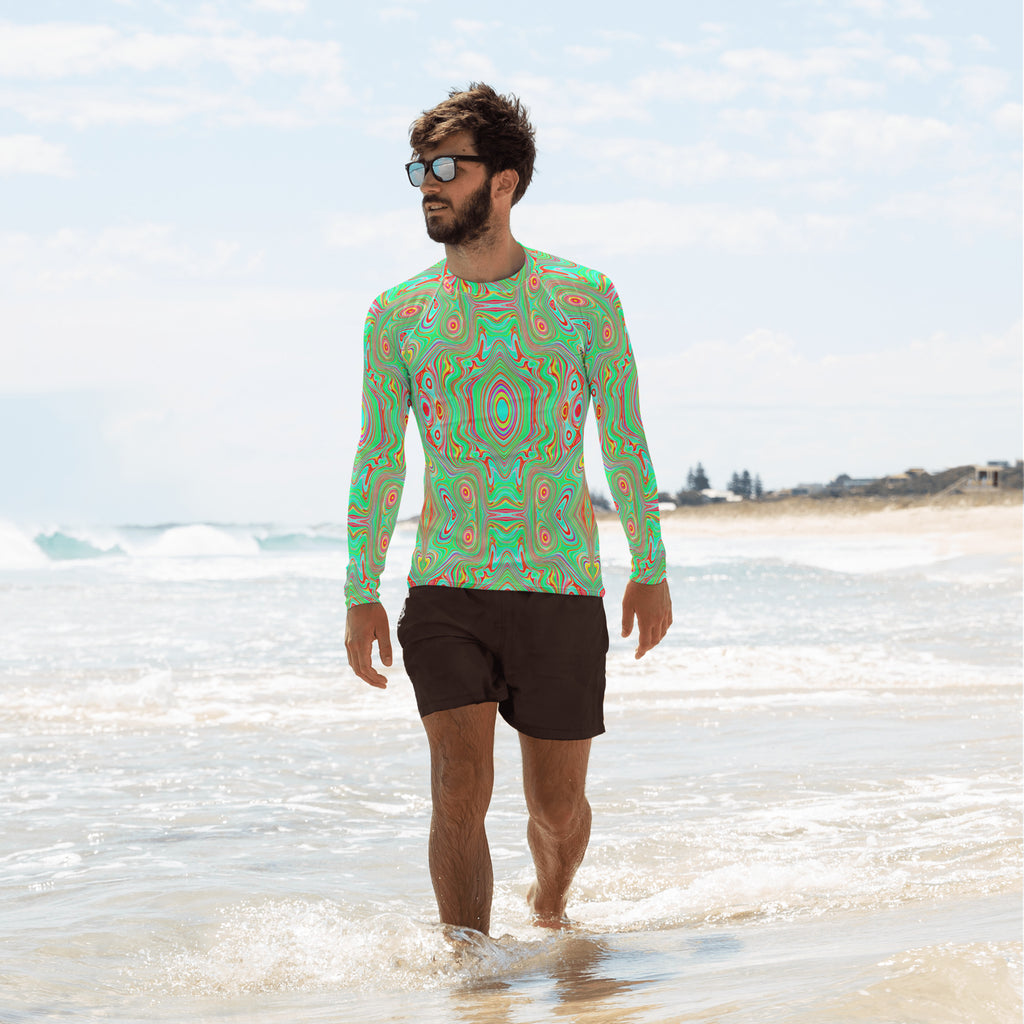 Men's Athletic Rash Guard Shirts, Trippy Retro Orange and Lime Green Abstract Pattern