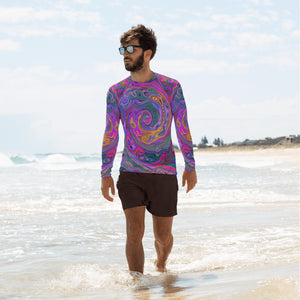 Men's Athletic Rash Guard Shirts, Retro Magenta, Green and Orange Abstract Swirl