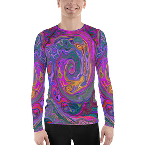 Men's Athletic Rash Guard Shirts, Retro Magenta, Green and Orange Abstract Swirl