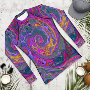 Men's Athletic Rash Guard Shirts, Retro Magenta, Green and Orange Abstract Swirl