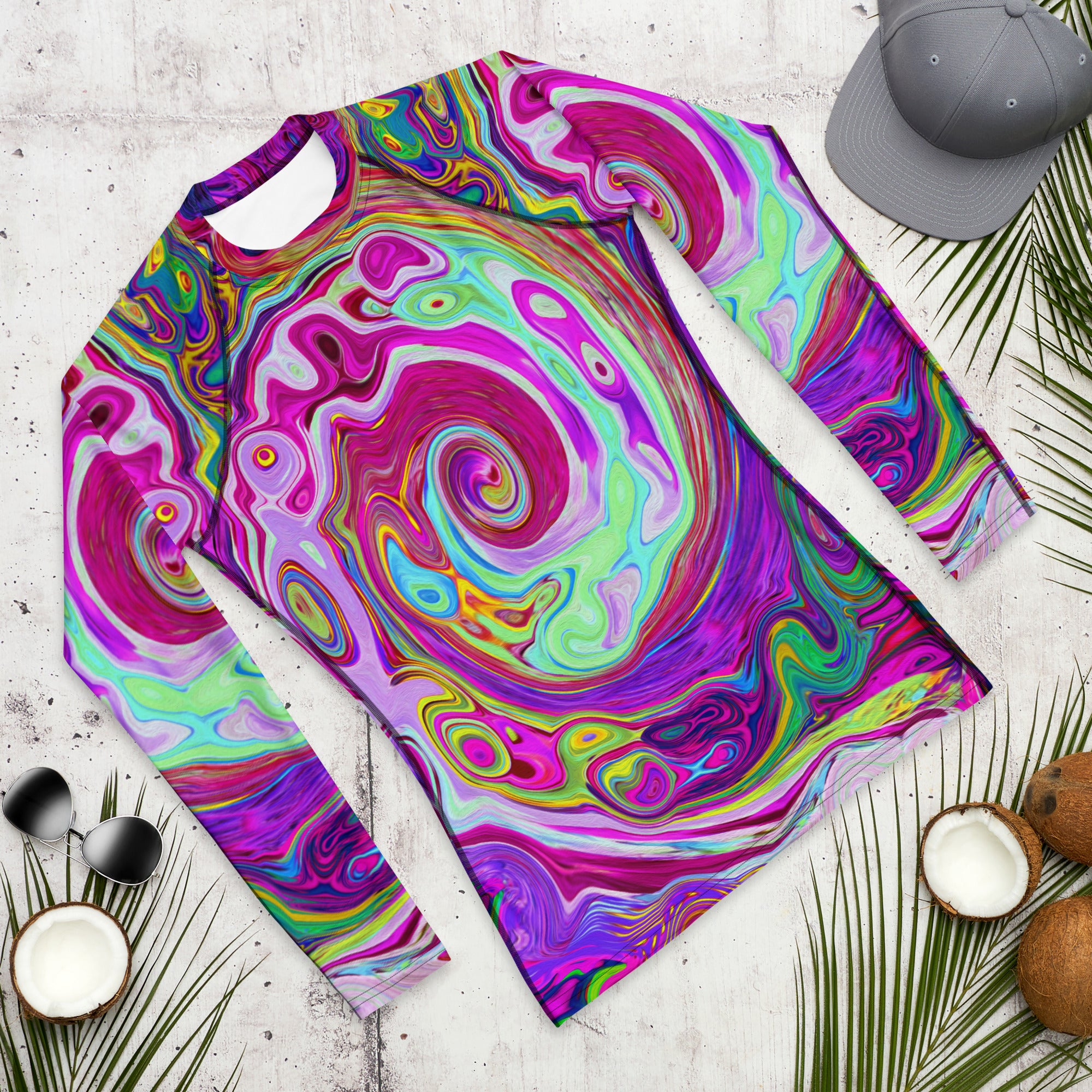 Men's Athletic Rash Guard Shirts, Groovy Abstract Retro Magenta Rainbow Swirl