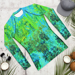 Men's Athletic Rash Guard Shirts - Trippy Lime Green and Blue Impressionistic Landscape