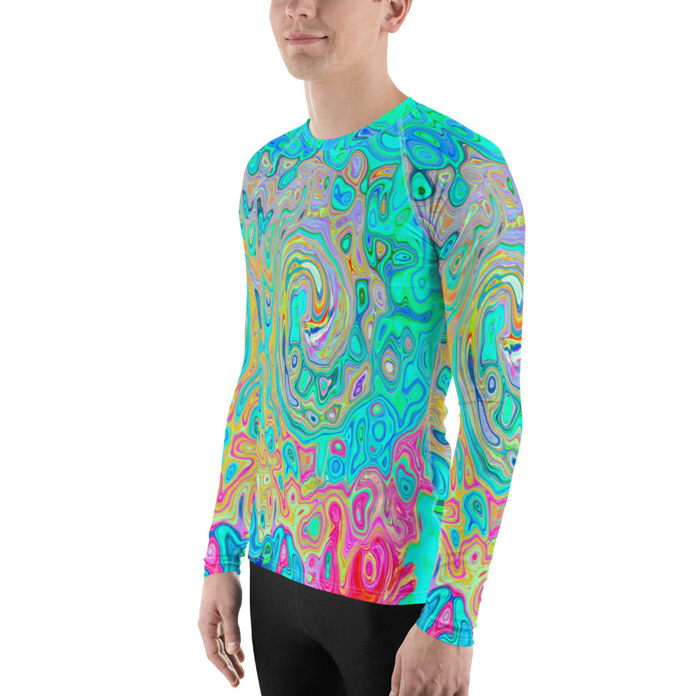 Men's Athletic Rash Guard Shirts, Groovy Abstract Retro Rainbow Liquid Swirl
