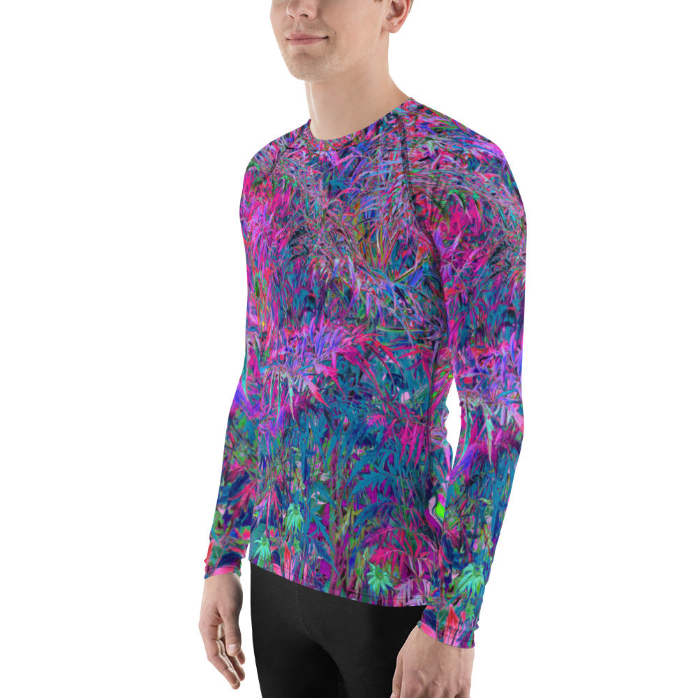 Men's Athletic Rash Guard Shirts, Abstract Psychedelic Rainbow Colors Foliage Garden