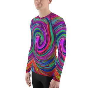 Men's Athletic Rash Guard Shirts, Groovy Abstract Retro Magenta Dark Rainbow Swirl