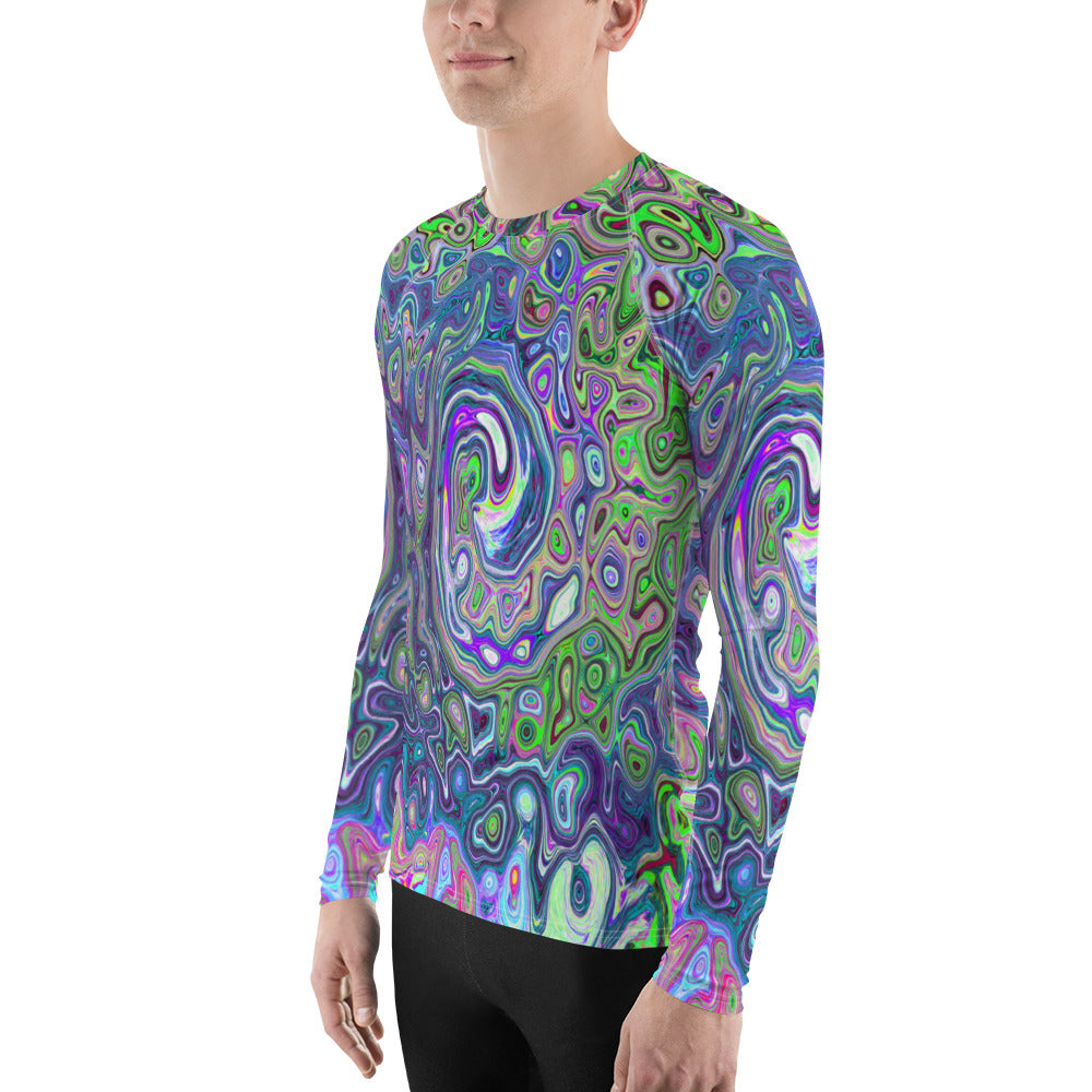 Men's Athletic Rash Guard Shirts, Marbled Lime Green and Purple Abstract Retro Swirl