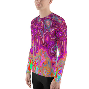 Men's Athletic Rash Guard Shirts, Trippy Abstract Cool Magenta Rainbow Colors Retro Art