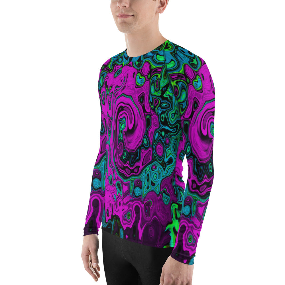 Men's Athletic Rash Guard Shirt, Bold Magenta Abstract Groovy Liquid Art Swirl