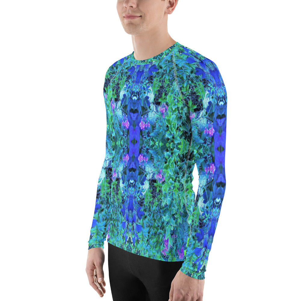 Men's Athletic Rash Guard, Abstract Chartreuse and Blue Garden Foliage Pattern