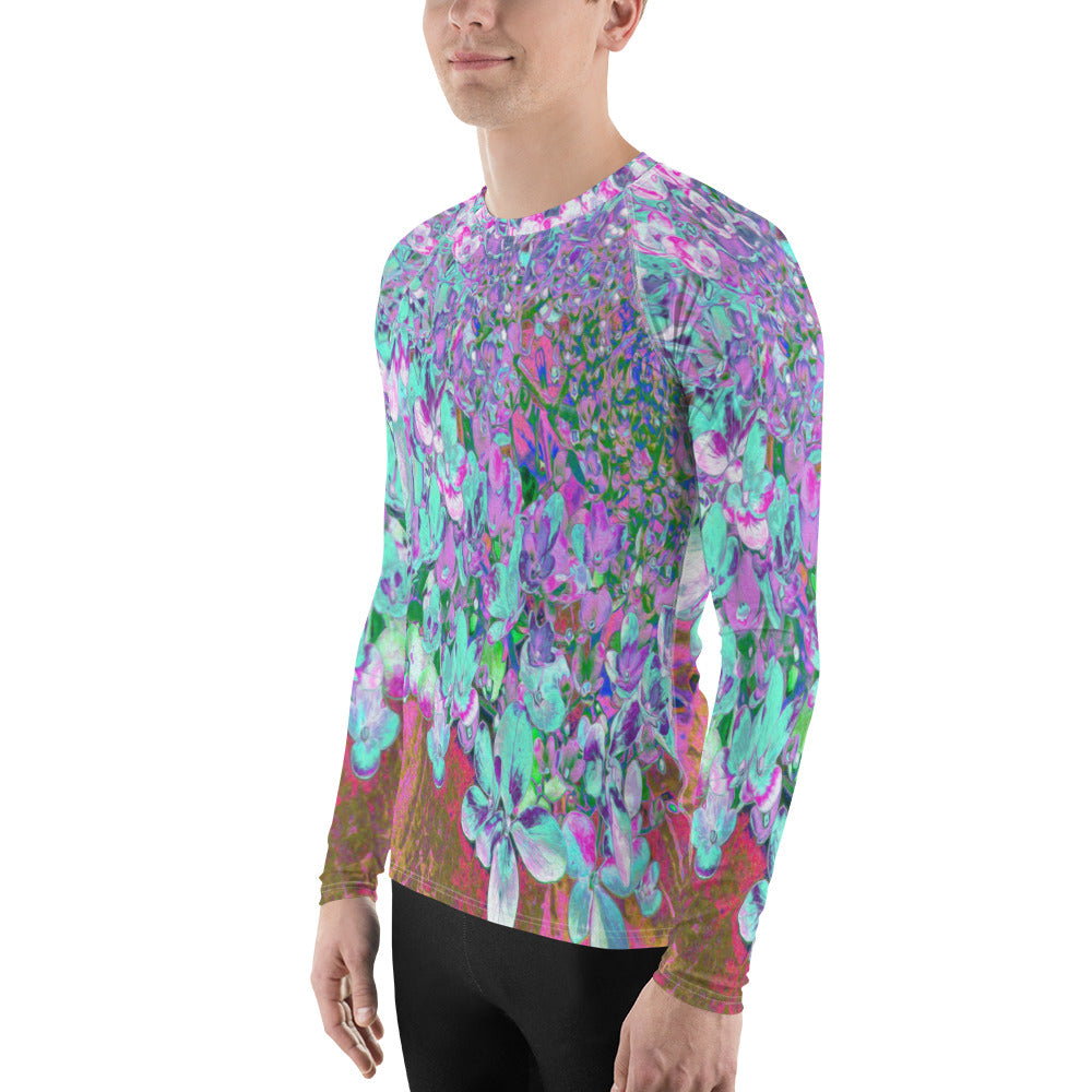 Men's Athletic Rash Guard Shirts, Elegant Aqua and Purple Limelight Hydrangea Detail