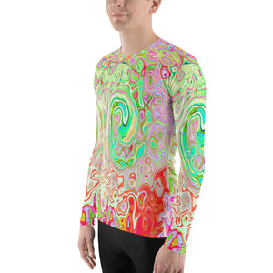 Men's Athletic Rash Guard Shirts, Groovy Abstract Retro Pastel Green Liquid Swirl