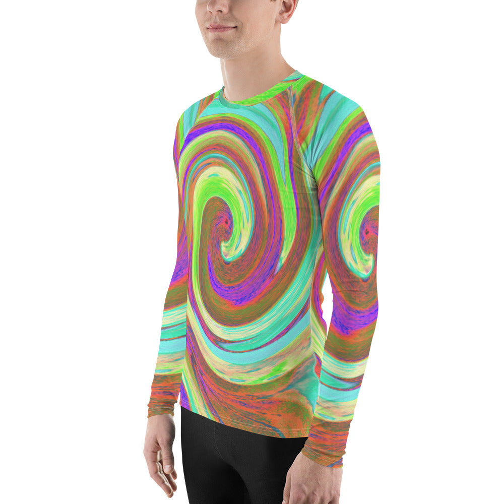 Men's Athletic Rash Guard Shirts, Cool Retro Autumn Colors Liquid Art Swirl Painting