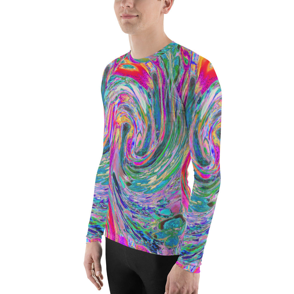 Men's Athletic Rash Guard Shirts, Abstract Floral Psychedelic Rainbow Waves of Color
