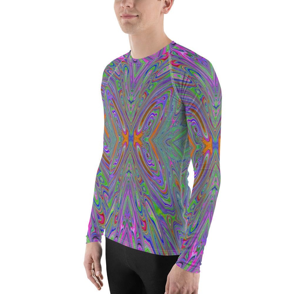Men's Athletic Rash Guard Shirts, Abstract Trippy Purple, Orange and Lime Green Butterfly