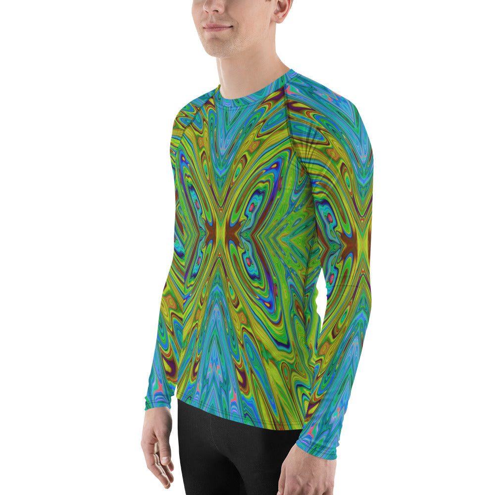 Men's Athletic Rash Guard Shirts, Trippy Chartreuse and Blue Abstract Butterfly