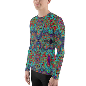 Men's Athletic Rash Guard Shirts, Wavy Sea Foam Green and Red Trippy Pattern