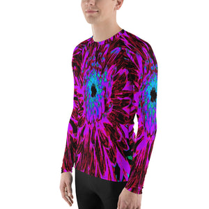 Men's Athletic Rash Guard Shirts, Dramatic Crimson Red, Purple and Black Dahlia