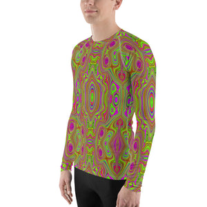 Men's Athletic Rash Guard Shirts, Trippy Retro Chartreuse Magenta Abstract Pattern