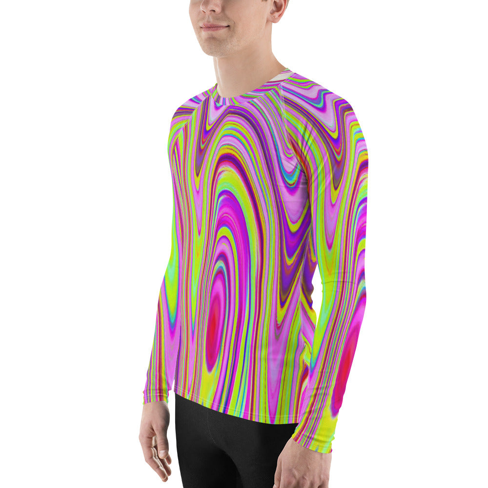 Men's Athletic Rash Guard Shirts, Trippy Yellow and Pink Abstract Groovy Retro Art