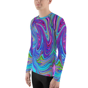 Men's Athletic Rash Guard  Shirts, Blue, Pink and Purple Groovy Abstract Retro Art