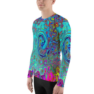 Men's Athletic Rash Guard Shirt, Trippy Sky Blue Abstract Retro Liquid Swirl