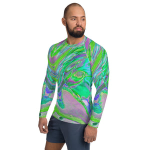 Men's Athletic Rash Guard Shirts, Cool Abstract Chartreuse and Blue Groovy Retro