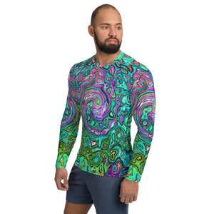 Men's Athletic Rash Guard Shirts, Aquamarine Groovy Abstract Retro Liquid Swirl