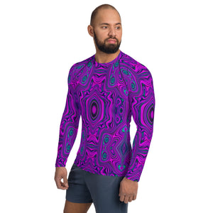 Men's Athletic Rash Guard Shirts, Trippy Retro Magenta and Black Abstract Pattern