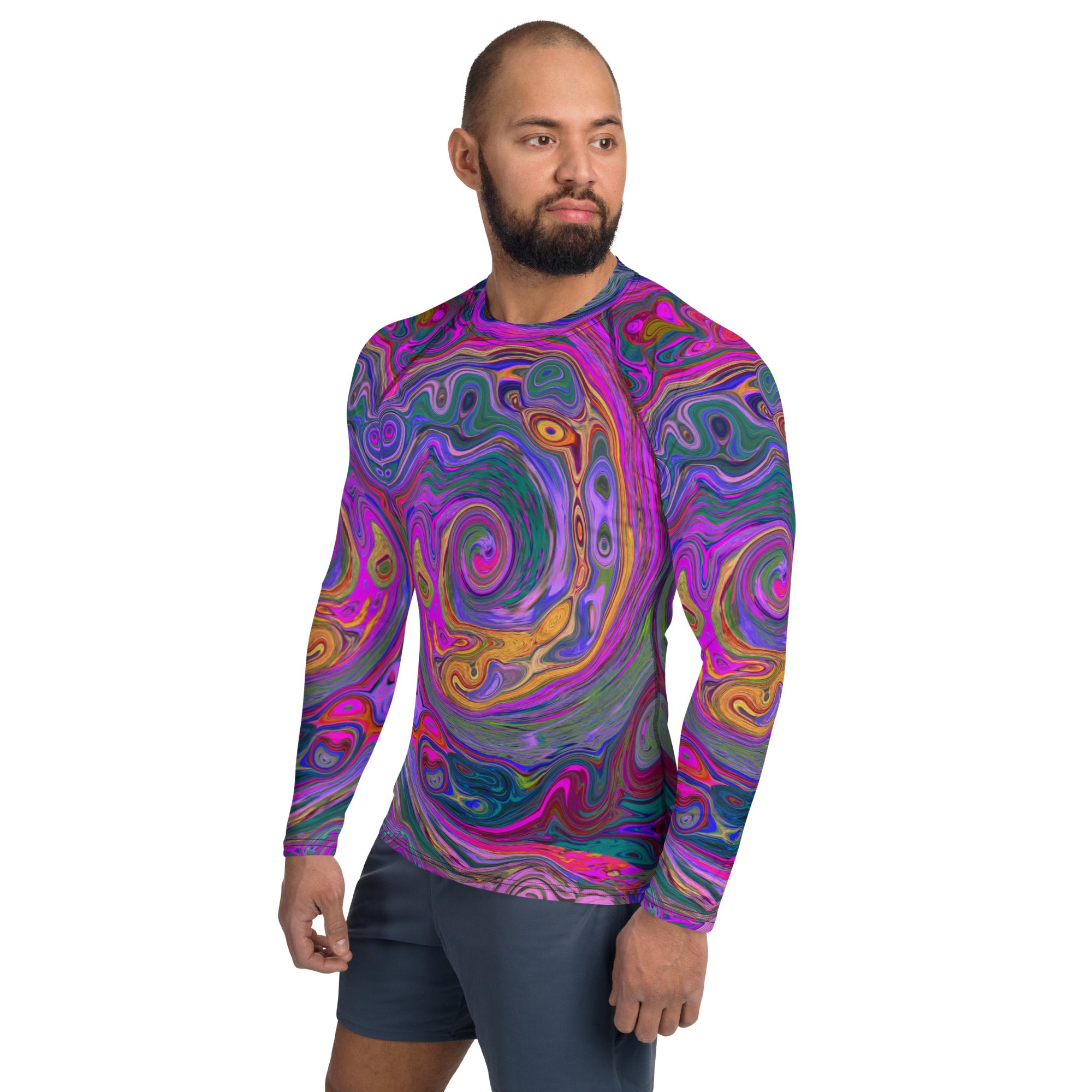 Men's Athletic Rash Guard Shirts, Retro Magenta, Green and Orange Abstract Swirl