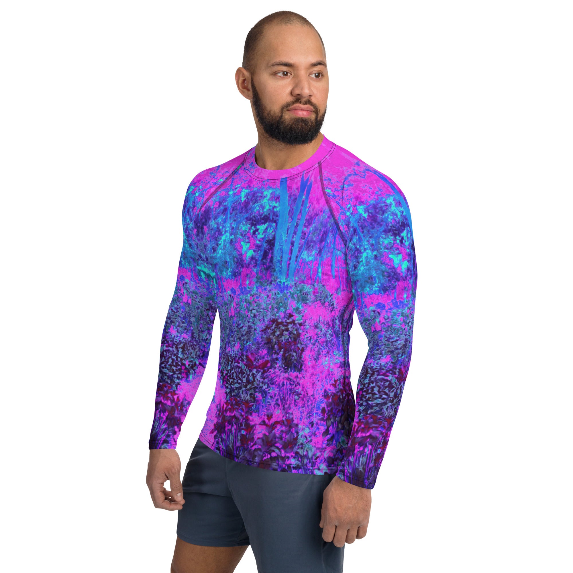 Men's Athletic Rash Guard Shirts - Trippy Hot Pink and Blue Impressionistic Landscape