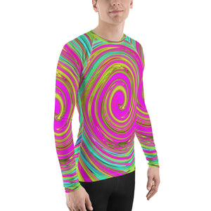 Men's Athletic Rash Guard Shirts, Groovy Abstract Pink and Turquoise Swirl