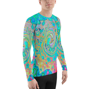 Men's Athletic Rash Guard Shirts, Groovy Abstract Retro Rainbow Liquid Swirl