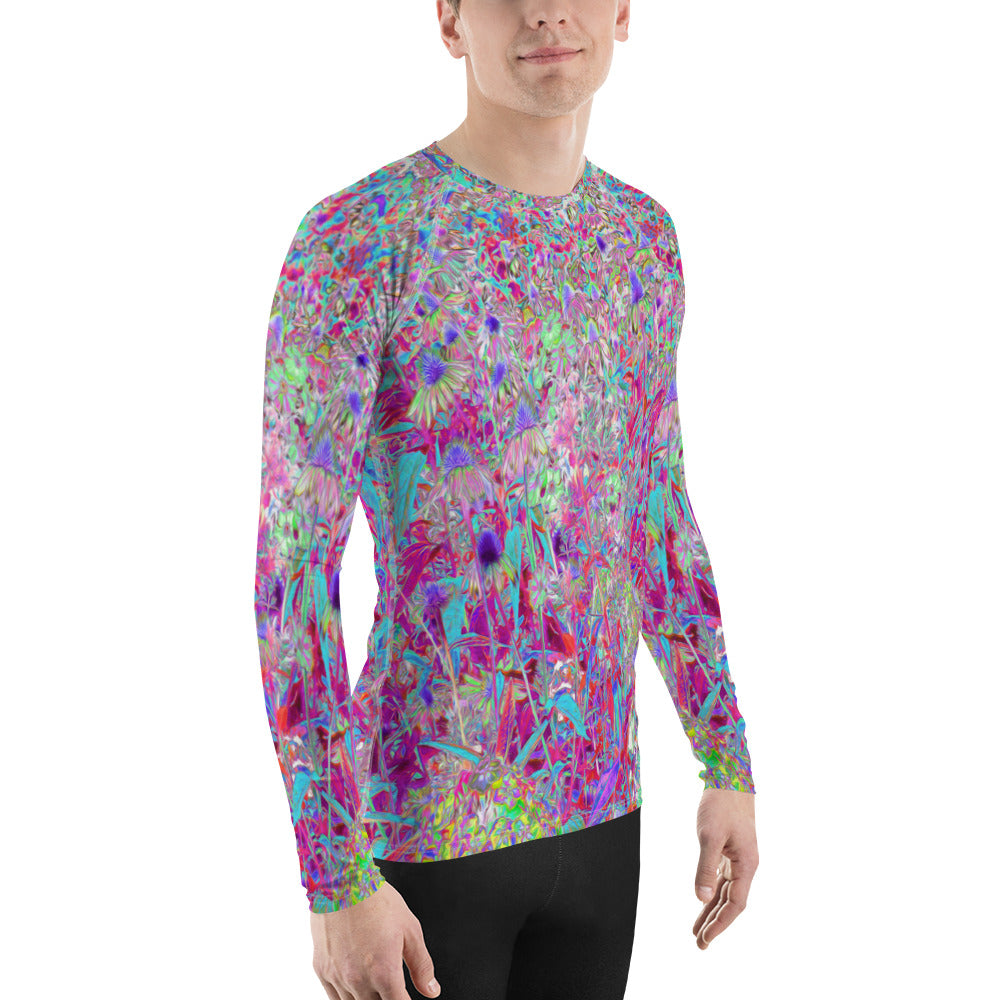 Men's Athletic Rash Guard Shirts, Abstract Purple Aqua and Pink Coneflower Garden