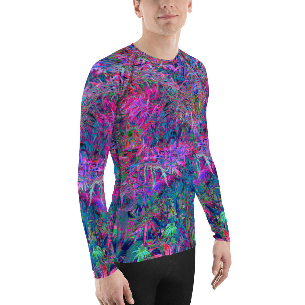 Men's Athletic Rash Guard Shirts, Abstract Psychedelic Rainbow Colors Foliage Garden