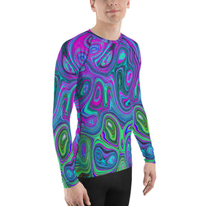Men's Athletic Rash Guard Shirts, Marbled Magenta and Lime Green Groovy Abstract Art