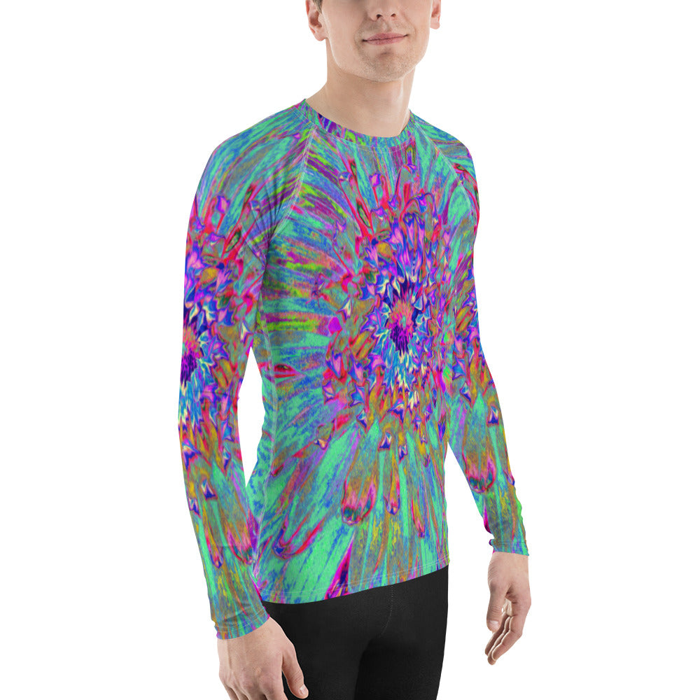 Men's Athletic Rash Guard Shirts, Aquamarine Rainbow Color Abstract Dahlia Flower
