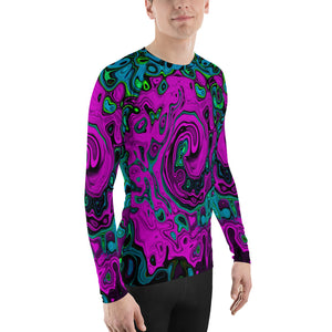 Men's Athletic Rash Guard Shirt, Bold Magenta Abstract Groovy Liquid Art Swirl