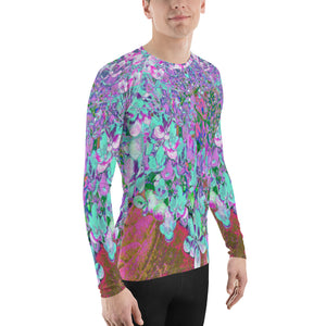 Men's Athletic Rash Guard Shirts, Elegant Aqua and Purple Limelight Hydrangea Detail