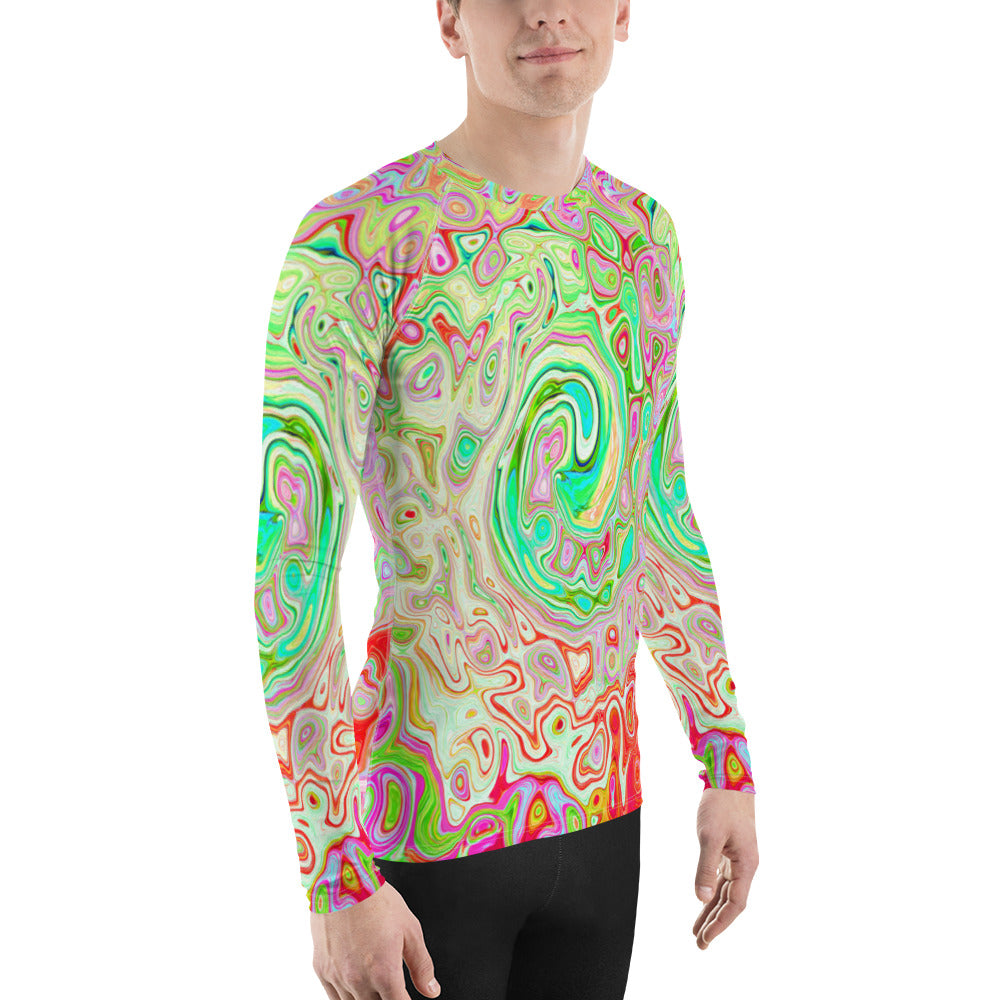 Men's Athletic Rash Guard Shirts, Groovy Abstract Retro Pastel Green Liquid Swirl