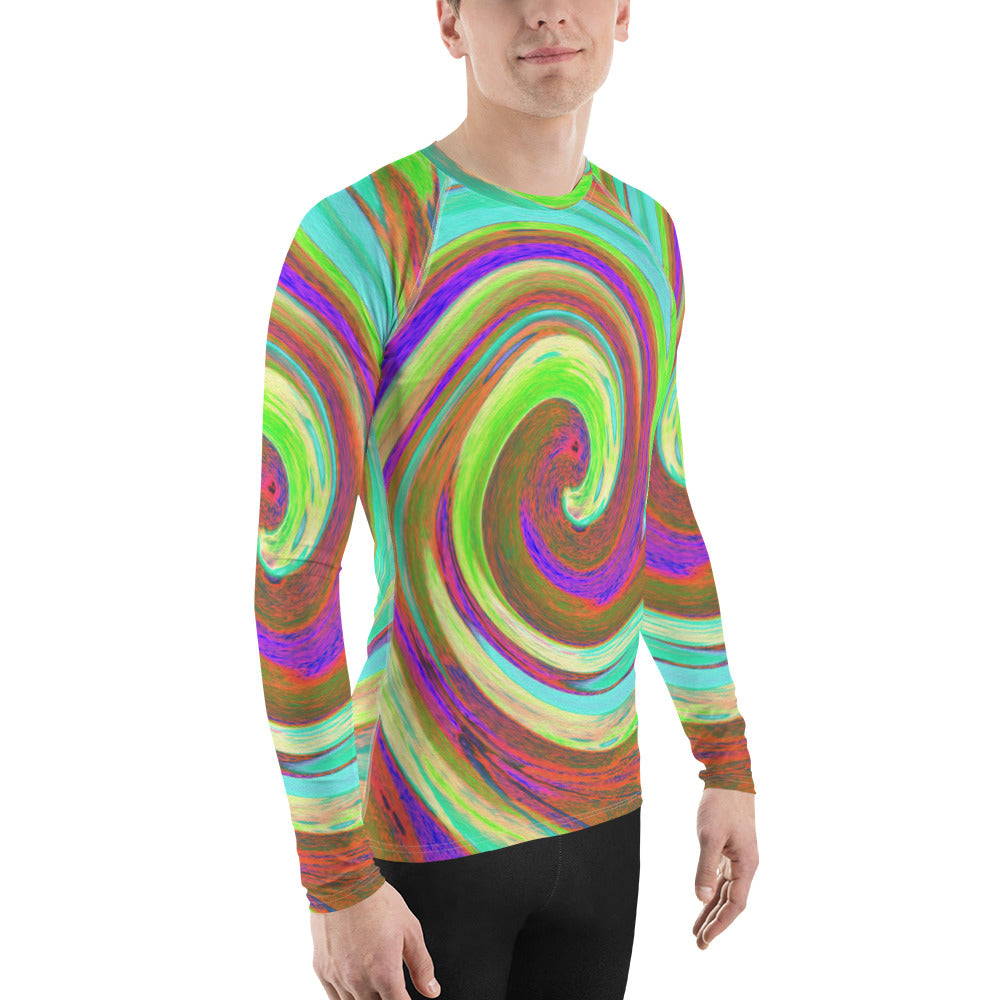 Men's Athletic Rash Guard Shirts, Cool Retro Autumn Colors Liquid Art Swirl Painting