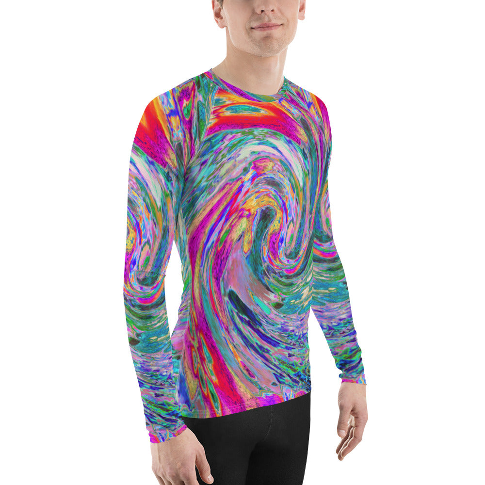 Men's Athletic Rash Guard Shirts, Abstract Floral Psychedelic Rainbow Waves of Color