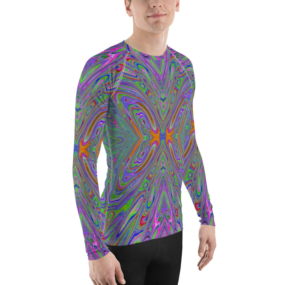 Men's Athletic Rash Guard Shirts, Abstract Trippy Purple, Orange and Lime Green Butterfly