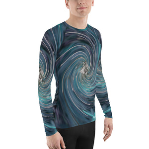 Men's Athletic Rash Guard Shirts, Cool Abstract Retro Black and Teal Cosmic Swirl