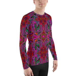 Men's Athletic Rash Guard Shirts, Cool Trippy Magenta, Red and Green Wavy Pattern