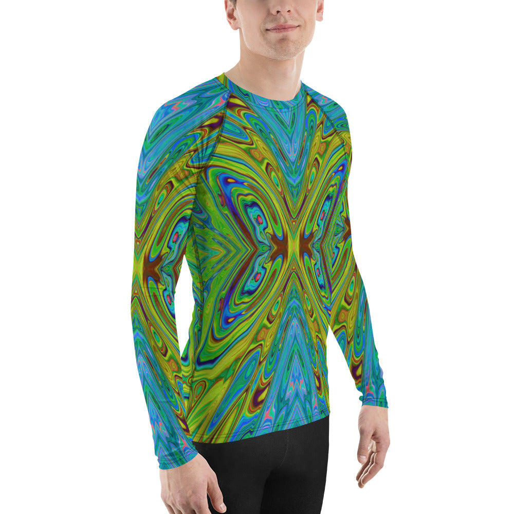 Men's Athletic Rash Guard Shirts, Trippy Chartreuse and Blue Abstract Butterfly