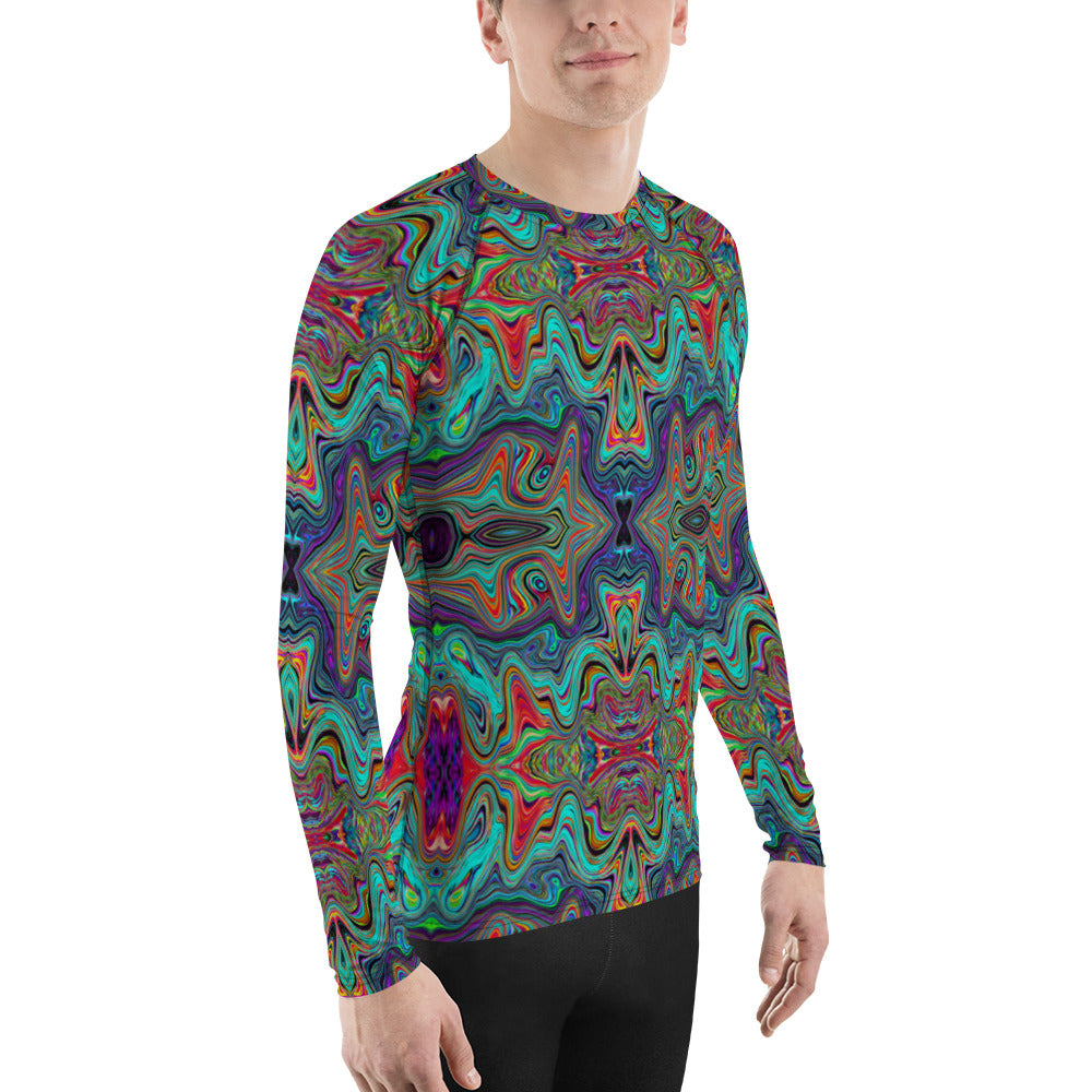 Men's Athletic Rash Guard Shirts, Wavy Sea Foam Green and Red Trippy Pattern