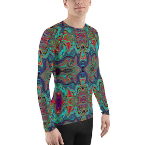 Men's Athletic Rash Guard Shirts, Wavy Sea Foam Green and Red Trippy Pattern