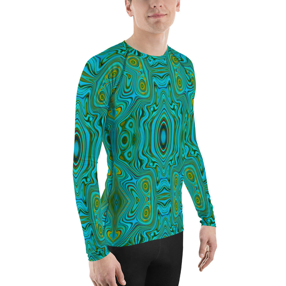 Men's Athletic Rash Guard Shirts, Trippy Retro Turquoise Chartreuse Abstract Pattern